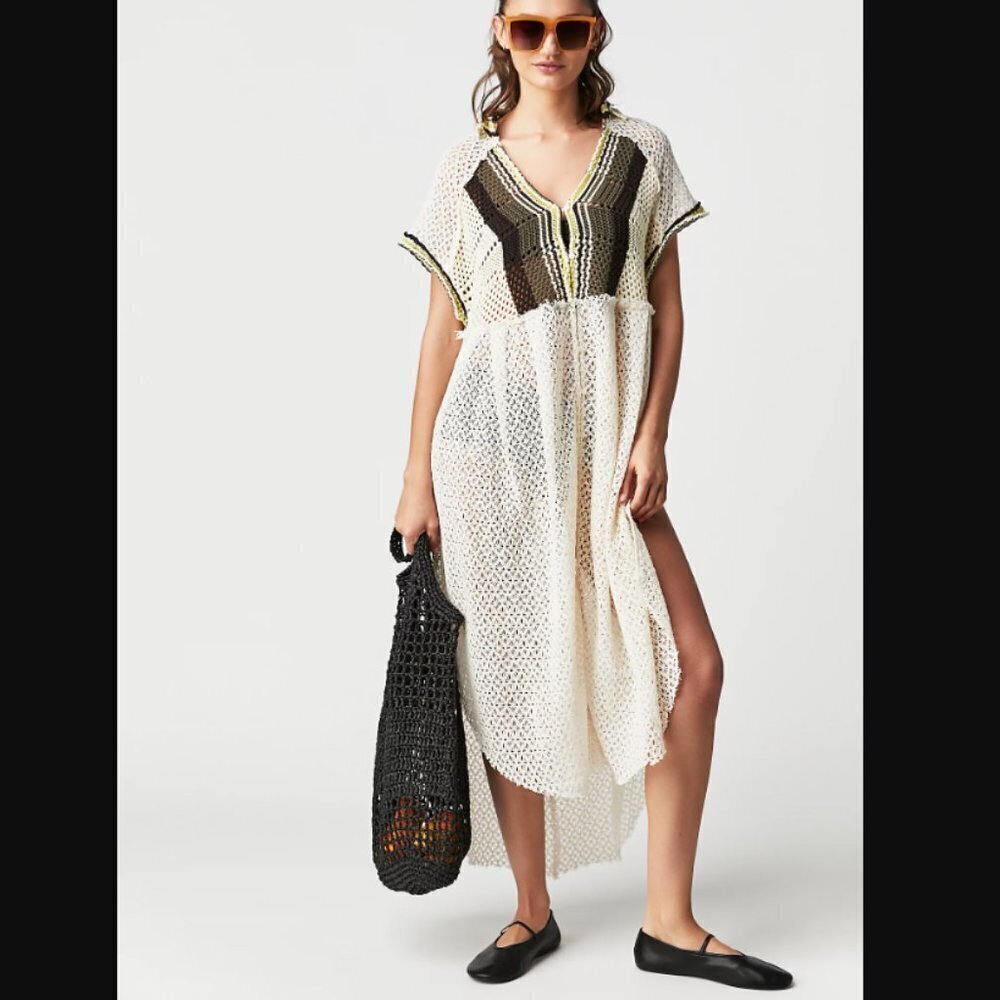 Free People Kelly Crochet Maxi Dress Cream Green Black Cover Up NEW Beach Boho